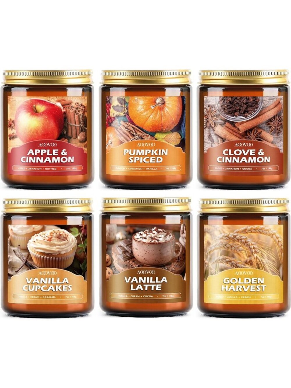 Cozy Fall Scented Candle Set - 6 Natural Soy Wax Candles, 300 Hour Burn Time